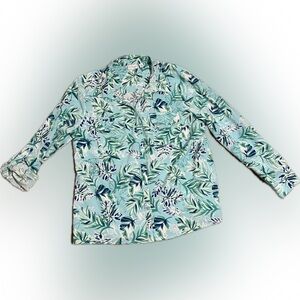 💥Kim Rogers Women Blue Green Leaf Blouse Adjustable Sleeve Length Petite XL